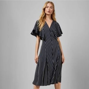 Navy Ted Baker Flutter Sleeve Full Zip Striped Midi Dress with Pleating